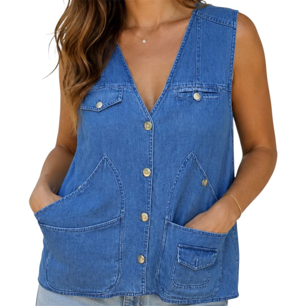 Vintage Orvis Denim Fly Fishing Vest Utility Cargo Button Front Medium Wash L